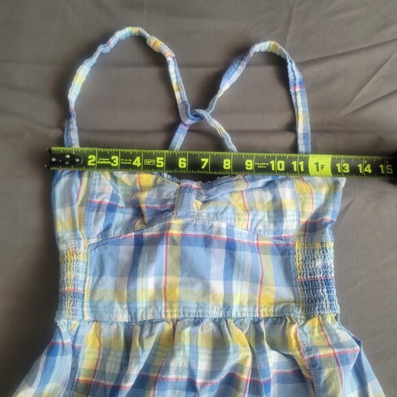 Bluenotes Summer Dress Womens L Blue Yellow Plaid Cottage Core Pockets Stretch - Picture 5 of 11